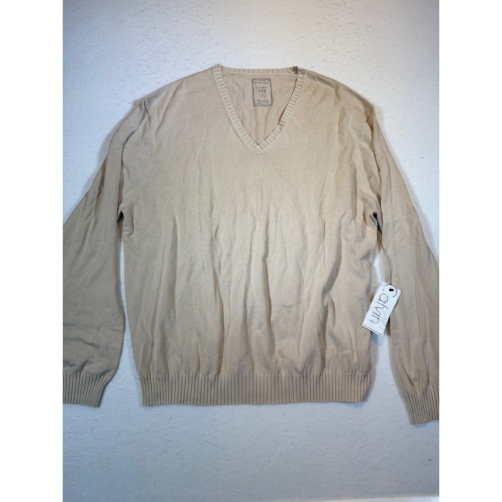 Calvin Klein Women's V-Neck Garment Dyed Cotton Sweater Beige Size L